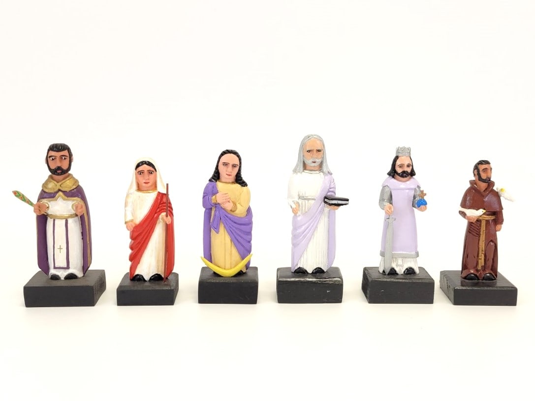 SIX ROBERTO RIVERA CARVED WOOD SANTOS FIGURES: Six Roberto Rivera folk art carved and painted wood santos figures. Corozal, Puerto Rico. Includes Santa Beatriz, San Francisco, La Immaculada Concepcion, San Lorenzo, San Pablo, and San Roque. Each o
