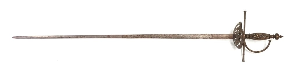 ANTIQUE REPRODUCTION SPANISH RAPIER OR SMALLSWORD: Late 19th / early 20th century Spanish Rapier or smallsword with a pierced metal cup guard and figural relief cast hilt. Decorative etching to the blade. Threaded tang termination. Measures a total of
