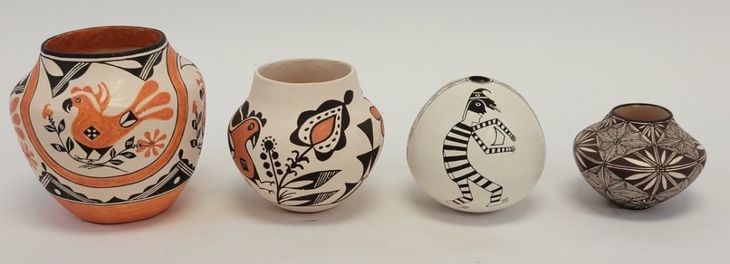 FOUR PIECES ACOMA NATIVE AMERICAN PUEBLO POTTERY: Lot of four pieces of Acoma, NM, Pueblo Native American pottery. Includes a pot by J.G. Louis, a Leno pot, a mini Sandra Vitorino pot, and an Emma Lewis seed pot. Largest is the J.G. Louis piece at 4.