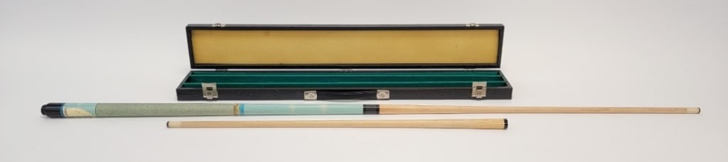 ONE OF A KIND MCDERMOTT HAND PAINTED GALLERY LINE POOL CUE: One of a kind McDermott "custom boats" artist hand painted gallery line pool / billiards cue stick. Includes original case with two top half pieces. Measures a total of 58.75" long. Condition: small s