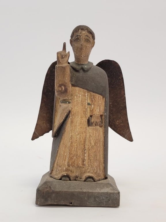 19TH C SPANISH SANTOS / BULTO, ST VINCENT FERRER: Antique Spanish 19th century carved and polychrome wood santos or bulto of Saint Vincent Ferrer with attached metal wings. Measures 8" tall x a wingspan of just over 5". Condition: expected signs of a