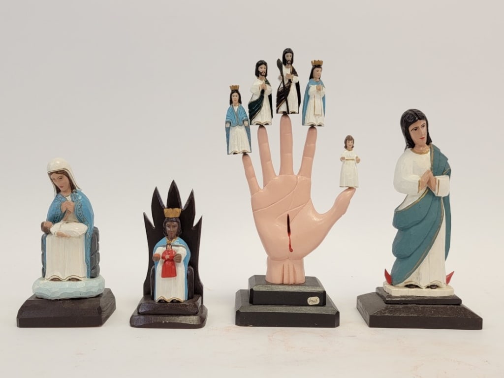 FOUR ANTONIO AVILES CARVED WOOD SANTOS FIGURES: Lot of four folk art carved and painted wood santos figures by Antonio Aviles, Orocovis, PR. Includes Virgen de la Monserrate, Mano Poderosa, Virgen de la Providencia, and Inmaculada Concepcion. Each 