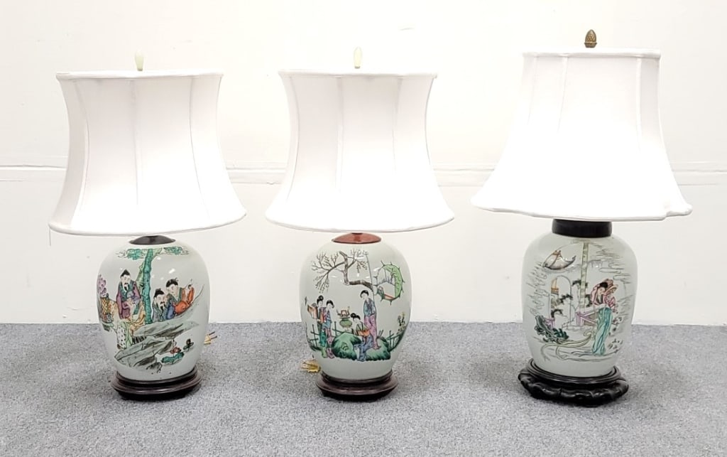 3 CHINESE QING DYNASTY PORCELAIN GINGER JAR LAMPS: Lot of three Chinese Qing dynasty period porcelain ginger jars mounted as table lamps. Each porcelain jar measures approx. 10.5" tall x 8.5" diameter. Two of the lamps have matching shades measuring 1
