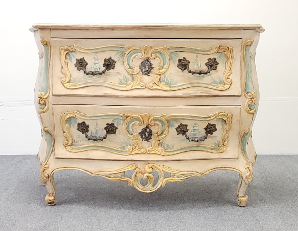 FRENCH BOMBE STYLE CHINOISERIE COMMODE: French Bombe style Chinoiserie commode or chest of drawers. Measures 34" tall x 48" wide and 19" deep. Unsigned. Condition: signs of intentional distressing to finish, scattered wear and signs of age,