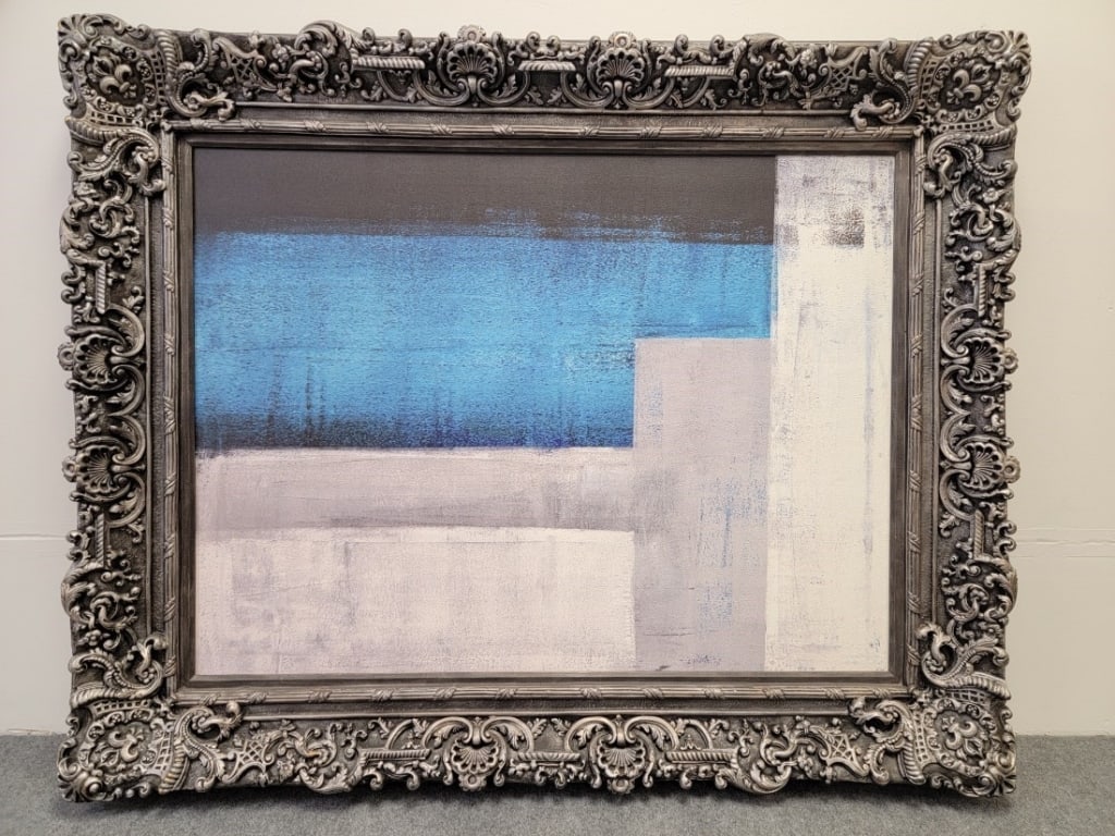 LARGE FRAMED MODERN ABSTRACT PRINT ON CANVAS: Large framed modern abstract print on canvas. Frame measures a total of 51" tall x 62.5" wide x 4.5" deep. Canvas itself measures 36" tall x 48" wide. Condition: good but for some very minor scuffs to