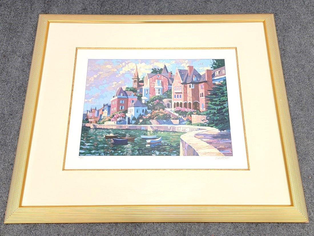 HOWARD BEHRENS COASTAL HAND SIGNED L.E. SERIGRAPH: Howard Behrens coastal theme hand signed limited edition serigraph from the "Coast of Rhodes" suite. Signed and numbered in pencil lower margin "68/300, Behrens". Matted and under glass in a gold tone