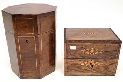 ANTIQUE CASED OLD PARIS DECANTERS, GLASS TEA CADDY