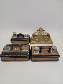 FOUR VICTORIAN INK STANDS / INKWELLS, BRASS ETC