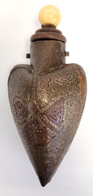 19TH C OTTOMAN WOOD & BRASS OVERLAY POWDER FLASK