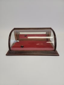 ANTIQUE OAK CURVED GLASS COUNTER TOP DISPLAY CASE