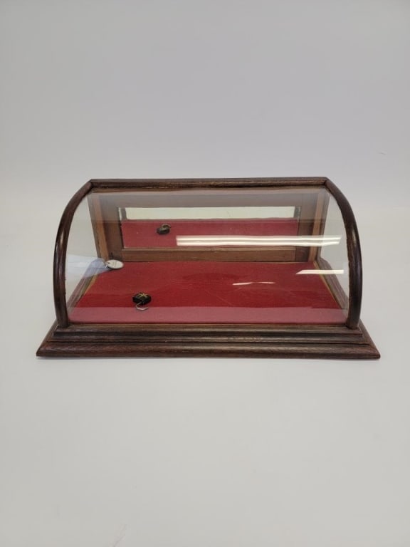 ANTIQUE OAK CURVED GLASS COUNTER TOP DISPLAY CASE (1 of 8)