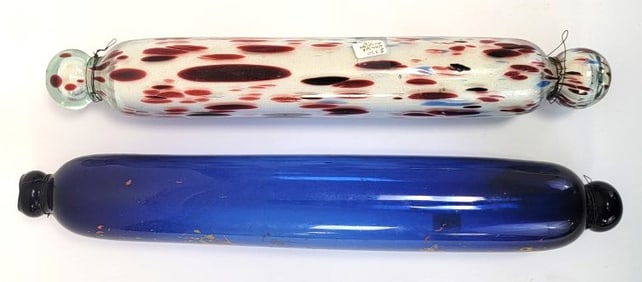 TWO VICTORIAN NAILSEA GLASS ROLLING PINS