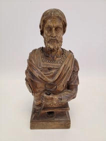 ANTIQUE CARVED WOOD RELIQUARY BUST, SAINT PETER