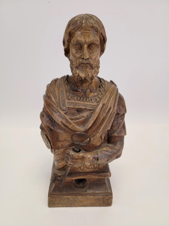 ANTIQUE CARVED WOOD RELIQUARY BUST, SAINT PETER (1 of 5)