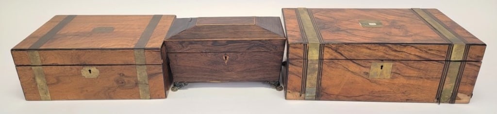 THREE ANTIQUE WOODEN BOXES, WRITING SLOPE, ETC. (1 of 9)