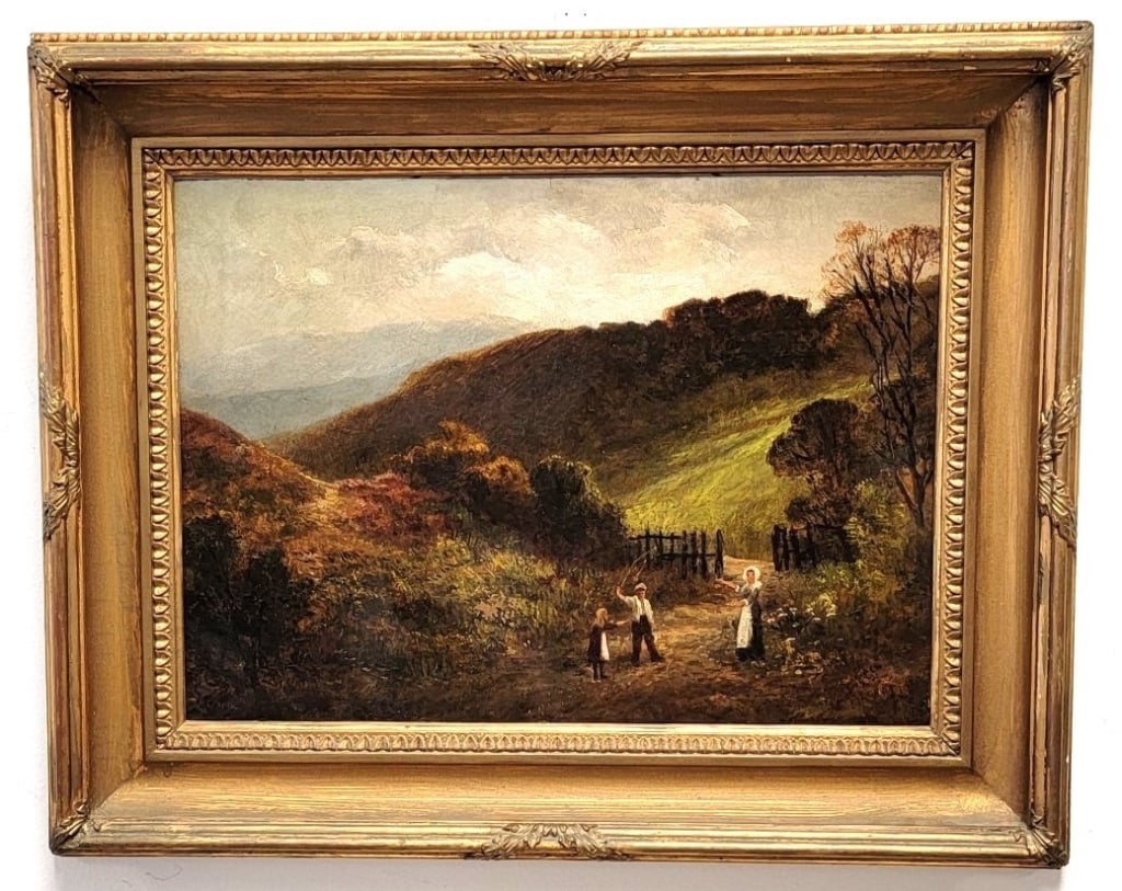 19TH CENTURY OIL PAINTING, HUDSON RIVER SCHOOL: An antique 19th century oil on artist's board painting in the Hudson Rivber school style. Signed lower left, appears to read "Ameprehn" or similar. Original frame that measures 18" tall x 22.5" wide a