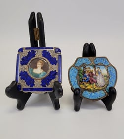 TWO ANTIQUE ENAMELED STERLING SILVER COMPACTS