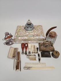 ASSORTED ANTIQUE DESK & WRITING ACCESSORIES
