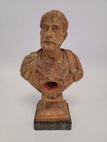 CARVED WOOD RELIQUARY BUST, MALE SAINT W/ BEARD