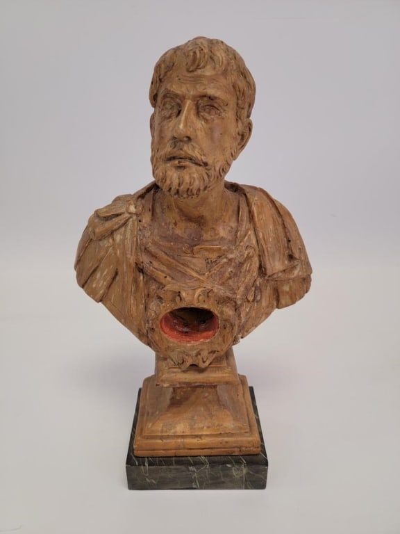 CARVED WOOD RELIQUARY BUST, MALE SAINT W/ BEARD: Carved wood reliquary bust of a male saint with beard. Ca. 16th / 17th century, wood and gesso. Measures 17" tall x 10.75" wide and about 6.5" deep. Unsigned / unmarked. Condition: scattered repairs a