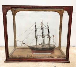 19TH C FOLK ART SHIP MODEL DIORAMA IN GLASS CASE
