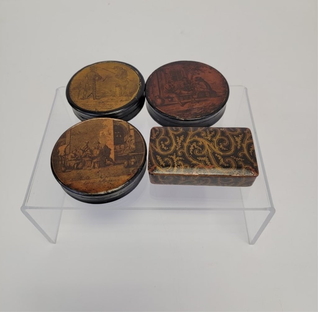 FOUR ANTIQUE VICTORIAN LACQUERWARE TOBACCO BOXES (1 of 8)