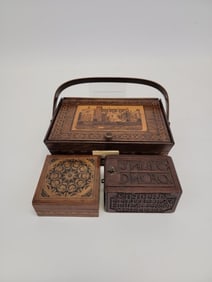 THREE ANTIQUE WOODEN BOXES, TUNBRIDGE WARE, GERMAN