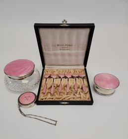 LOT PINK GUILLOCHE ENAMEL STERLING, JAR, ETC.