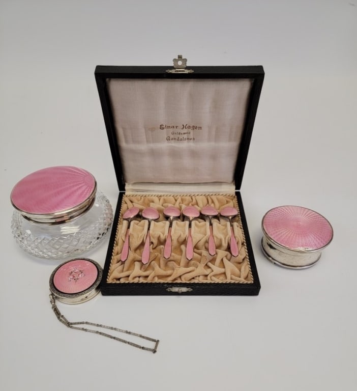 LOT PINK GUILLOCHE ENAMEL STERLING, JAR, ETC. (1 of 15)