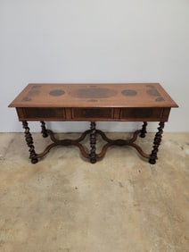 VINTAGE JACOBEAN STYLE MARQUETRY LIBRARY TABLE