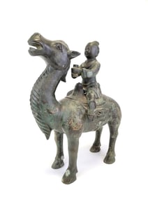 CHINESE TANG STYLE BRONZE SCULPTURE CAMEL & RIDER