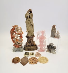 CHINESE CARVED STONE ITEMS, ROSE QUARTZ ETC 13pcs