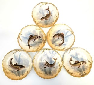 SIX M REDON LIMOGES HAND PAINTED FISH PLATES