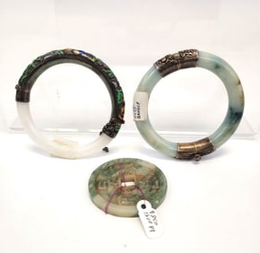 LOT TWO JADE BANGLES & ONE CARVED JADE MEDALLION