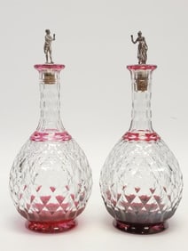 PAIR BOHEMIAN RUBY CUT TO CLEAR GLASS DECANTERS