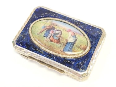 19TH C SILVER & ENAMEL SNUFF BOX, THE GLEANERS