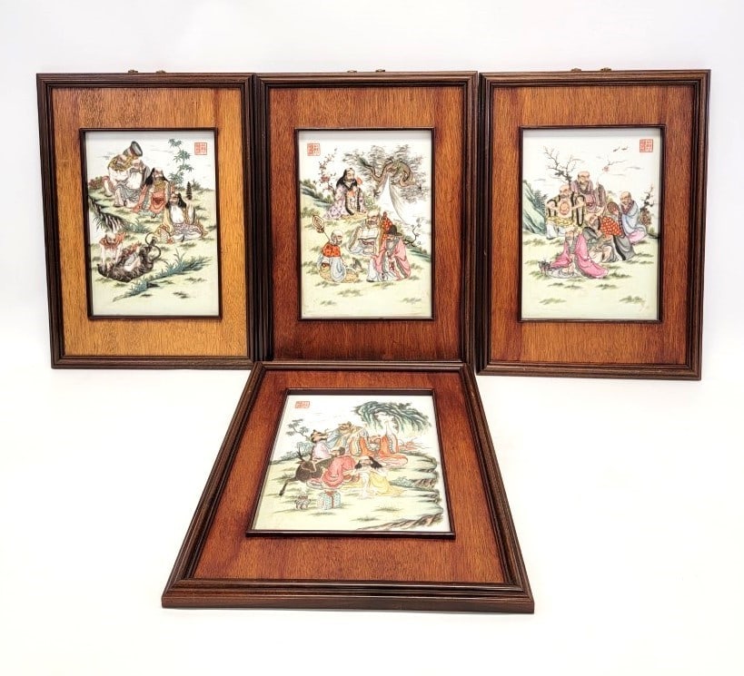 FOUR VINTAGE CHINESE HAND PAINTED PORCELAIN PLAQUE (1 of 6)
