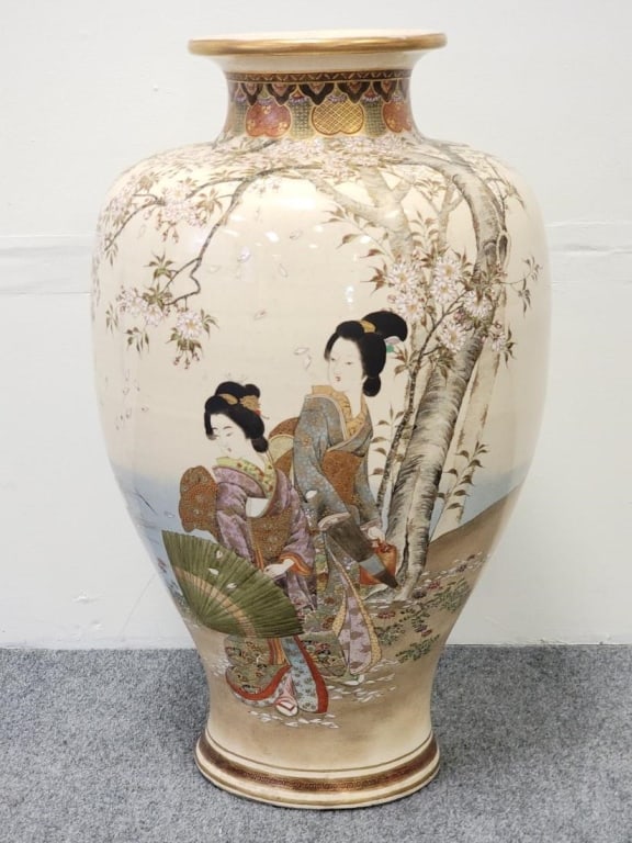 ANTIQUE JAPANESE MEIJI PERIOD SATSUMA VASE: Antique mid 19th century Japanese Meiji period Satsuma porcelain vase measuring a total of 24.75" x 13.75" diameter. Marked on base. Condition: very consistent and subtle all-over crazing to glaze, ma