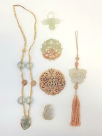 JADE NECKLACE, 3 JADE PENDANTS & 2 JADE MEDALLIONS