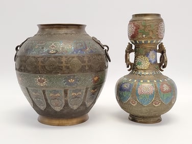 TWO JAPANESE ARCHAIC STYLE BRONZE CLOISONNE VASES