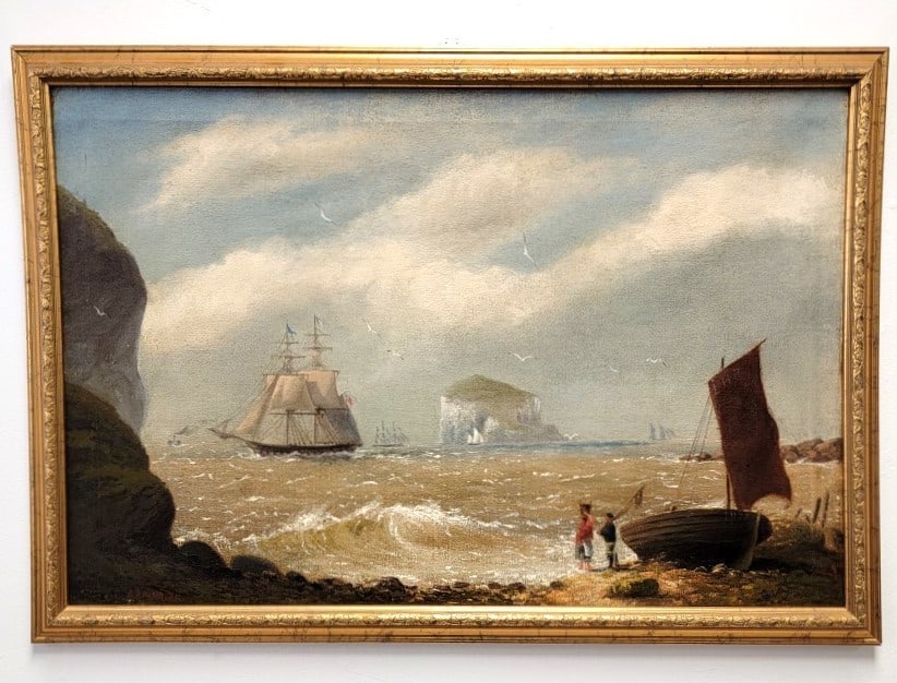 ANTIQUE OIL ON BURLAP PAINTING SHIP LEAVING HARBOR (1 of 8)