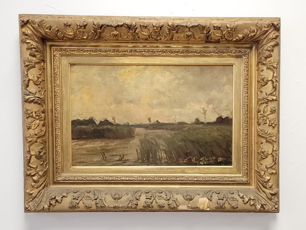 HENDRIK VAN BLOEM OIL ON BOARD PAINTING, MARSHES: Antique late 19th / early 20th century Henrik van Bloem oil on board painting, depicting a marsh landscape scene. Signed lower left "H van Bloem". Mounted in original frame measuring 21.5" tall x 28.2