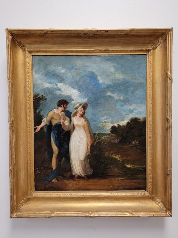 19TH C OIL ON CANVAS PAINTING, YOUNG COUPLE: A 19th century oil on canvas painting, depicting a young couple walking along a wooded path. No apparent signature, marked "L. Boilly" on the stretcher. Measures (frame) 30.25" tall x 26.4" wide and 3