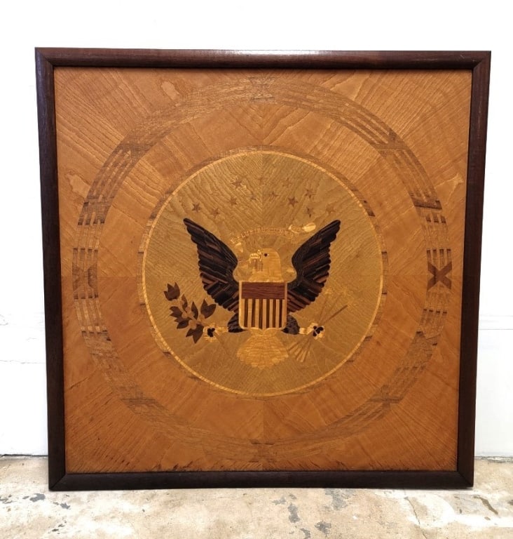 MARQUETRY INLAID WOODEN PLAQUE "E PLURIBUS UNUM": Large vintage marquetry inlaid wooden plaque featuring a rendition of the Great Seal of the United States - "E Pluribus Unum". Measures a total of 40" x 40" x 1.4" thick at the frame. Unsigned. Condit