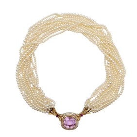 CULTURED PEARL, KUNZITE, RUBY & DIAMOND NECKLACE