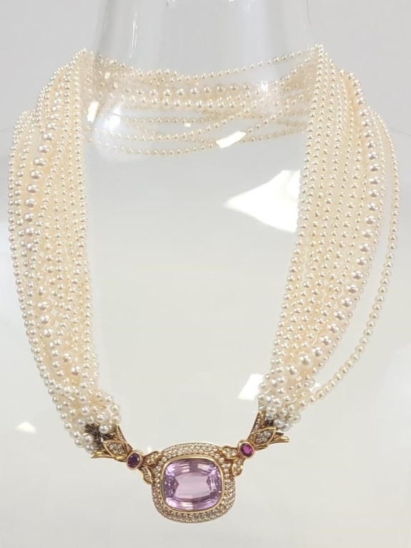 CULTURED PEARL, KUNZITE, RUBY & DIAMOND NECKLACE (1 of 8)