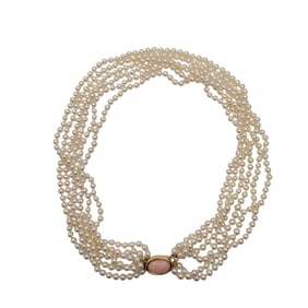 SIX STRAND PEARL NECKLACE WITH 14k GOLD & CORAL CLASP
