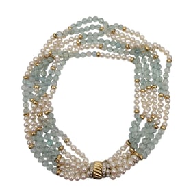A. FRIEDMAN AKOYA PEARL & AQUAMARINE NECKLACE WITH DIAMOND CLASP