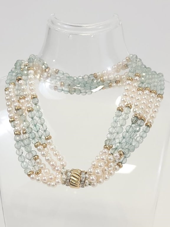A. FRIEDMAN AKOYA PEARL & AQUAMARINE NECKLACE WITH DIAMOND CLASP (1 of 12)