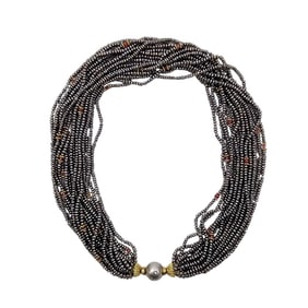 MULTI STRAND GREY SEED PEARL NECKLACE W GOLD CLASP
